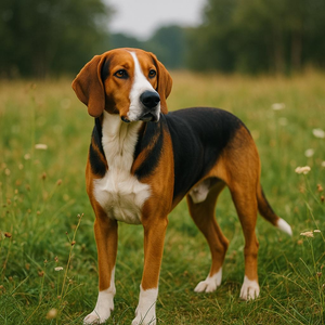 Tricolor hound gazing calmly in open flowered pasture.