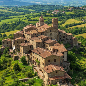 A serene and picturesque photograph of Isola Santa, a small, medieval village in the Garfagnana region of Tuscany, Italy. The image showcases the village's stone houses with terracotta roofs, winding narrow streets, and ancient architectural details, emphasizing the sense of timelessness and tranquility that pervades the location. Isola Santa is perched on a hilltop, surrounded by vibrant green rolling hills and dense, verdant forests, enhancing the serene atmosphere. The sunlight of a sunny day gently bathes the village in a warm, golden hue, highlighting the texture of the stone and the age of the buildings. The photo is intentionally free of any human presence or textual elements, allowing the viewer to fully appreciate the untouched, historical beauty of Isola Santa.