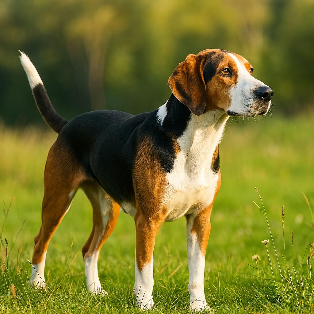 Tricolor scenthound standing focused in sunny field.