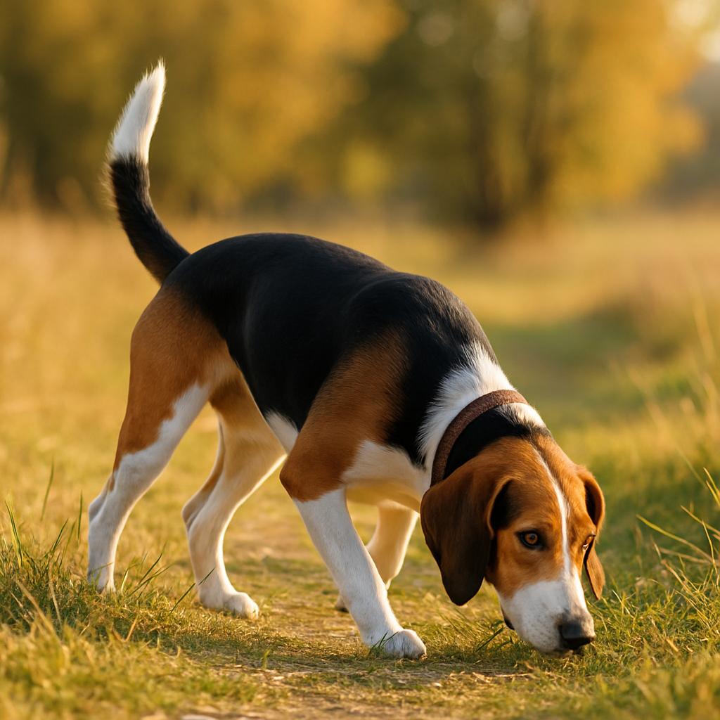 Tricolor scent hound tracking trail in golden meadow light.