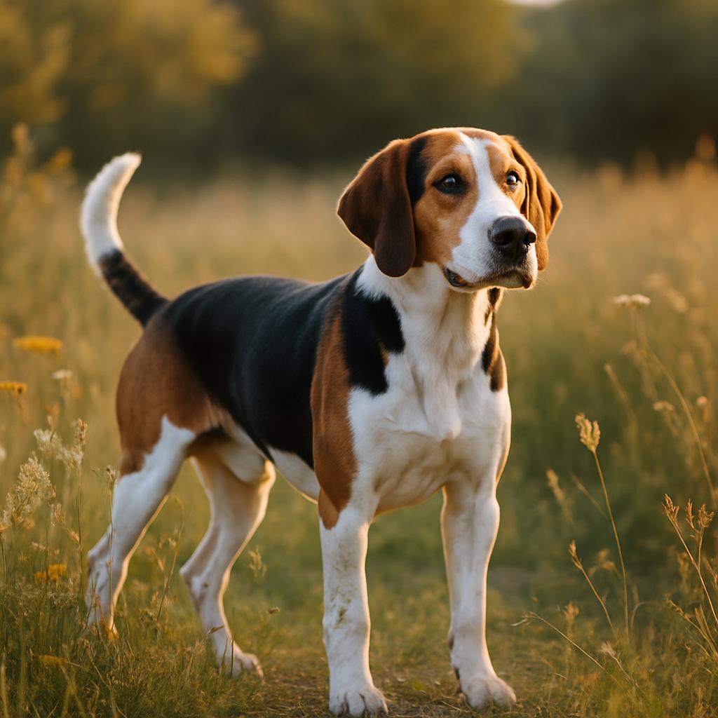 Alert tricolor hound standing still in wildflower meadow.