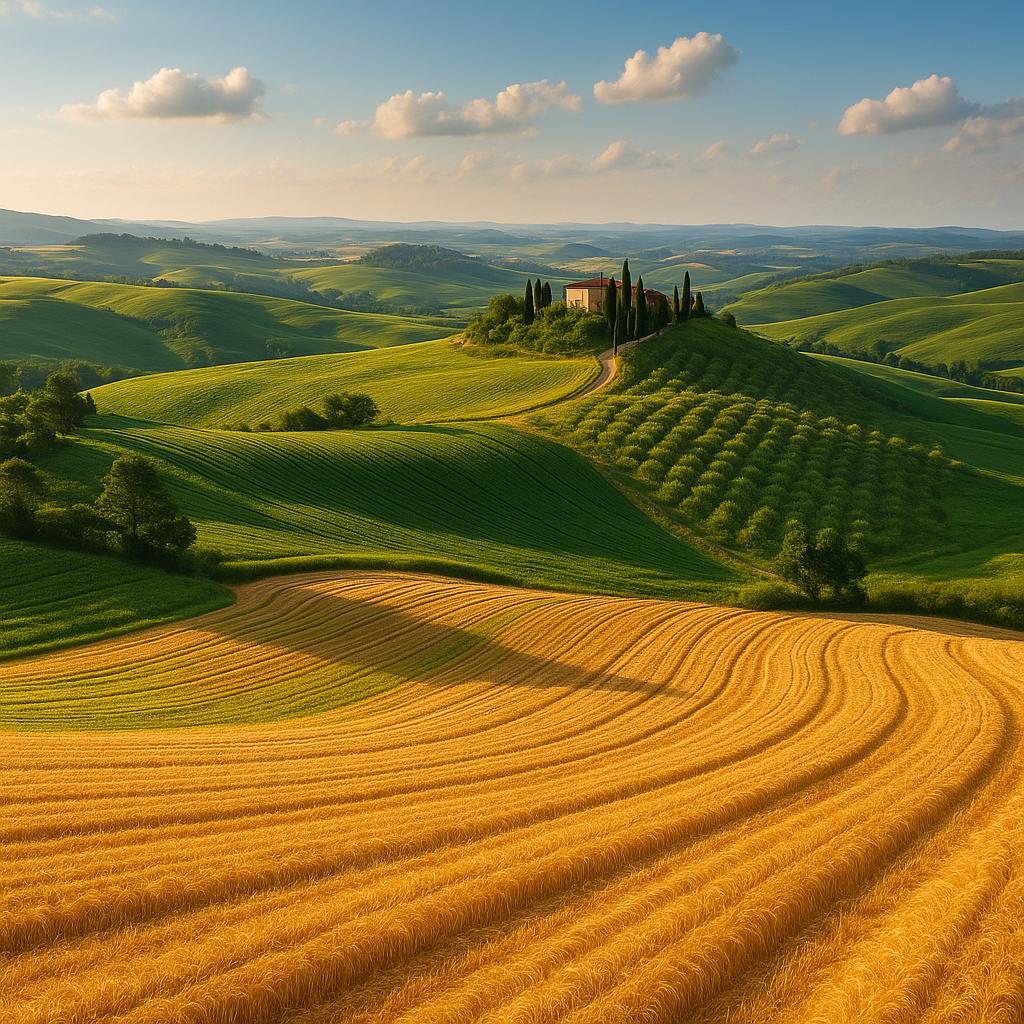 During the wheat harvest in Tuscany, the golden fields stretch across the rolling hills, creating a breathtaking scene that highlights the beauty of the countryside.