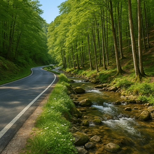 Serene curve of a sunlit forest road alongside a bubbling mountain stream.