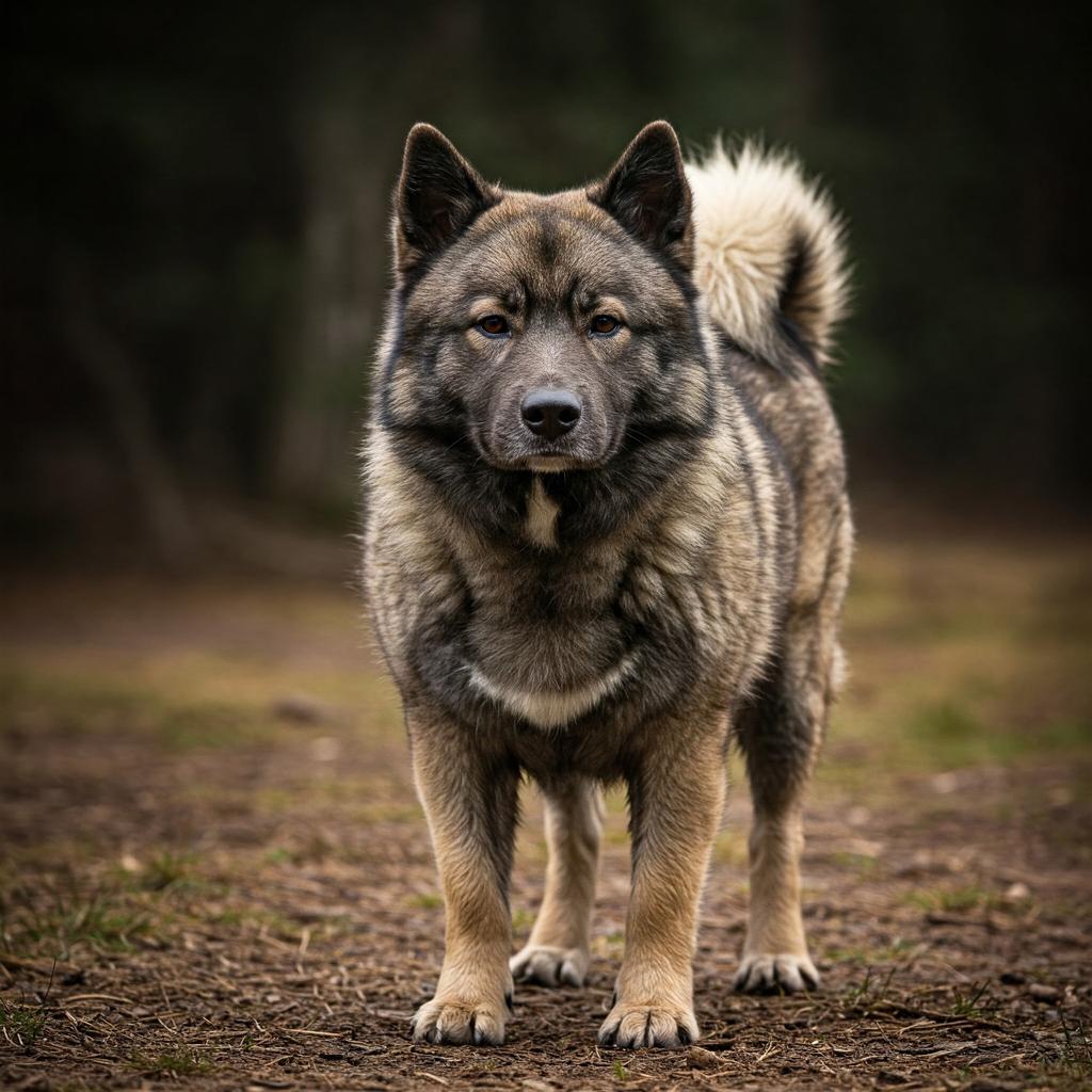 A sturdy canine with a thick, multi-toned coat sits attentively, one paw slightly raised as if mid-movement. Its pointed ears are erect, framing a focused gaze.