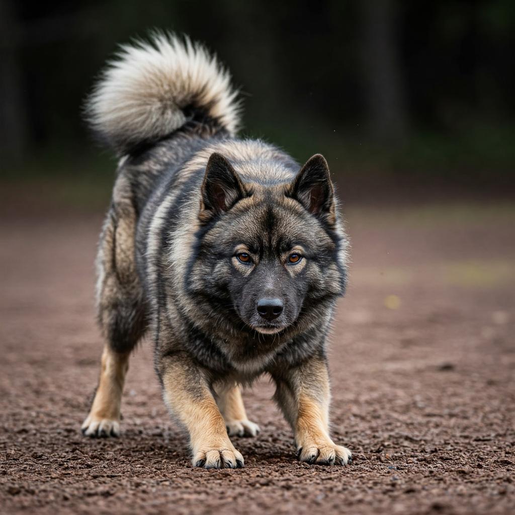 A light-colored dog rests comfortably on gravel, a textured toy held gently between its front paws. Its bushy tail curls softly to one side, and its expression is relaxed.