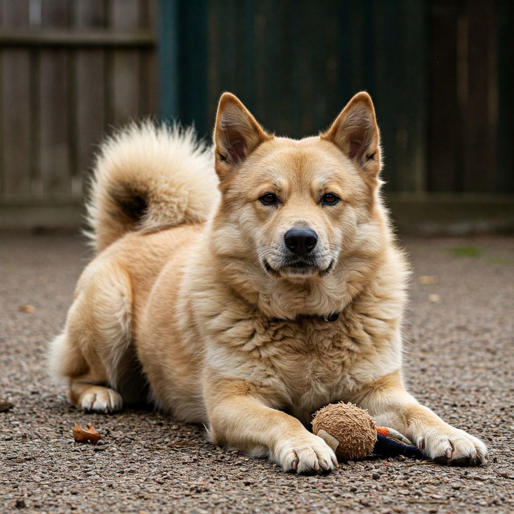 Against a backdrop of snow-dusted mountains, a dark-furred dog adopts a playful stance, its front legs extended forward and its gaze direct. Flakes of snow are visible on its coat.