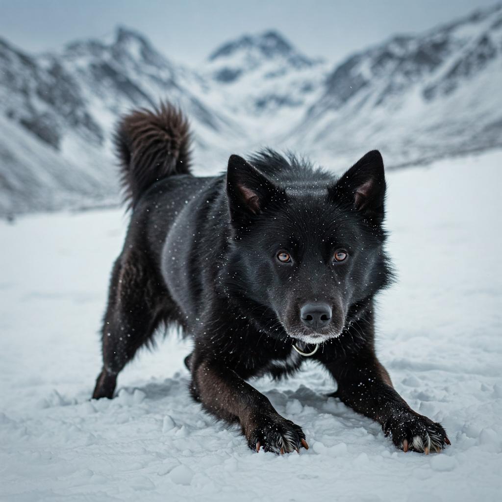A well-built dog with a dense, shaded coat stands squarely on a textured surface, its tail held high with a slight curl. Its expression is alert and steady.