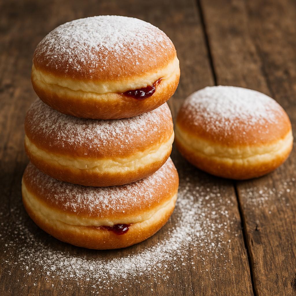 Jammed doughnuts, powdered sugar bliss