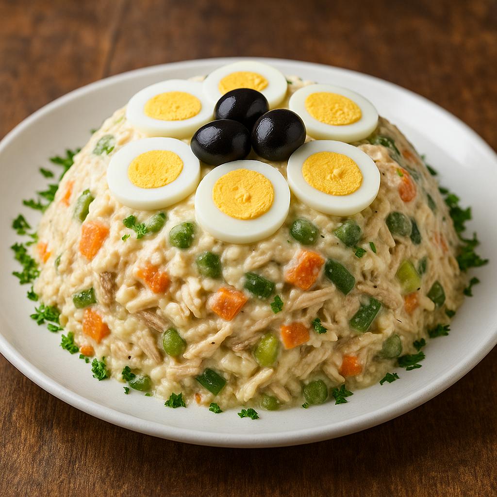 Savory mayo-coated veggie chicken mound