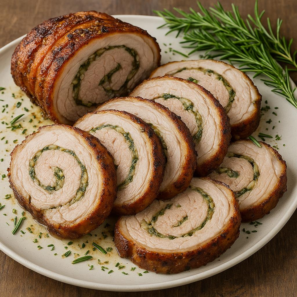 Herb-studded pork roast spirals