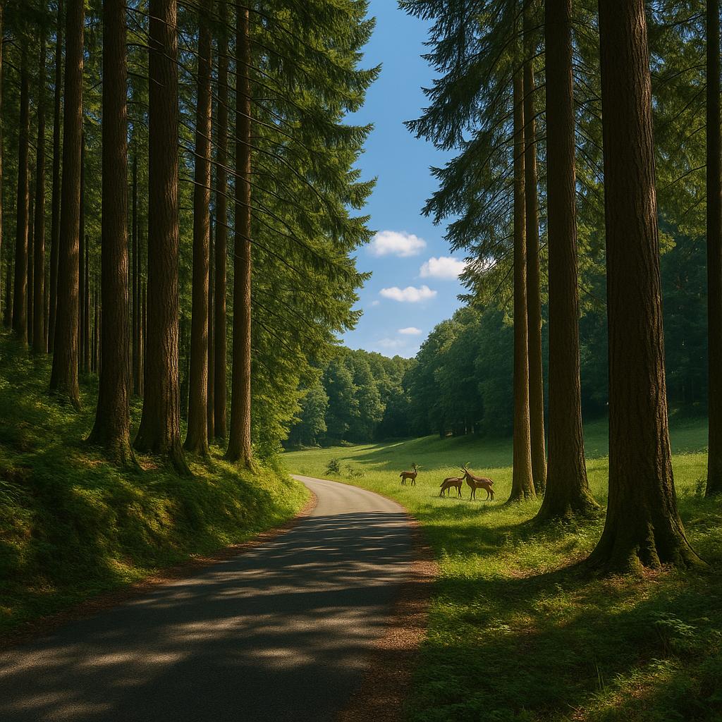 Wooded road with tall fir trees and deer.