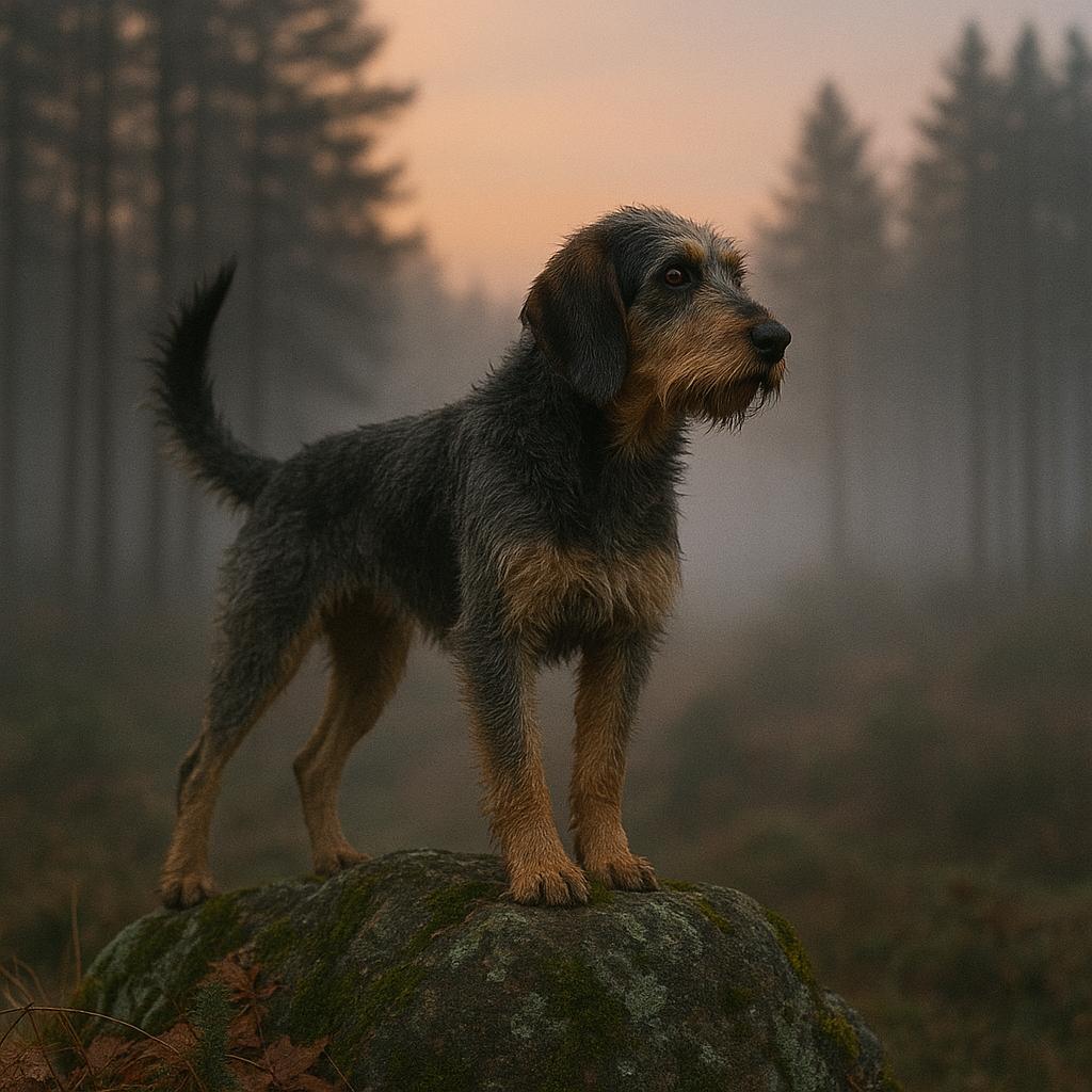Nivernais Griffon atop misty boulder