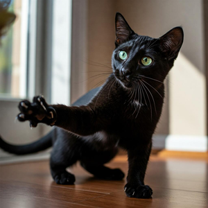 Playful and affectionate Bombay cat with a sleek, jet-black coat and bright green eyes, exhibiting its elegant and graceful demeanor.