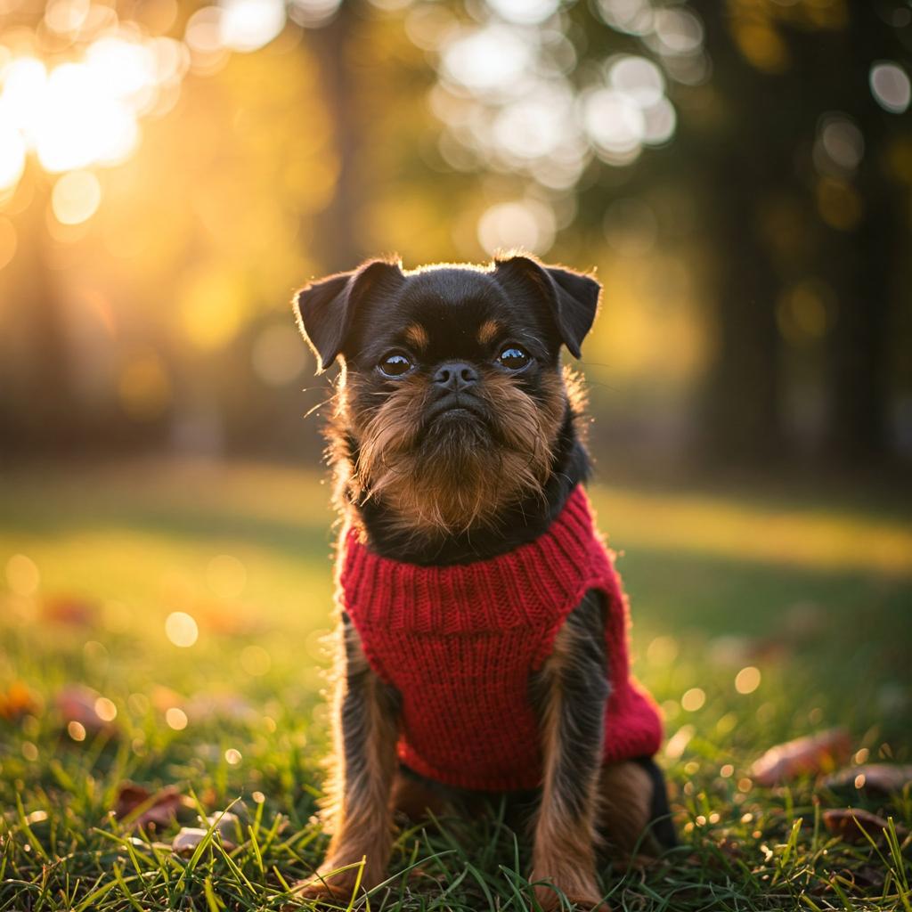 A charming Brussels Griffon with a reddish-brown coat lies down on a dark gray surface, looking directly at the viewer.
