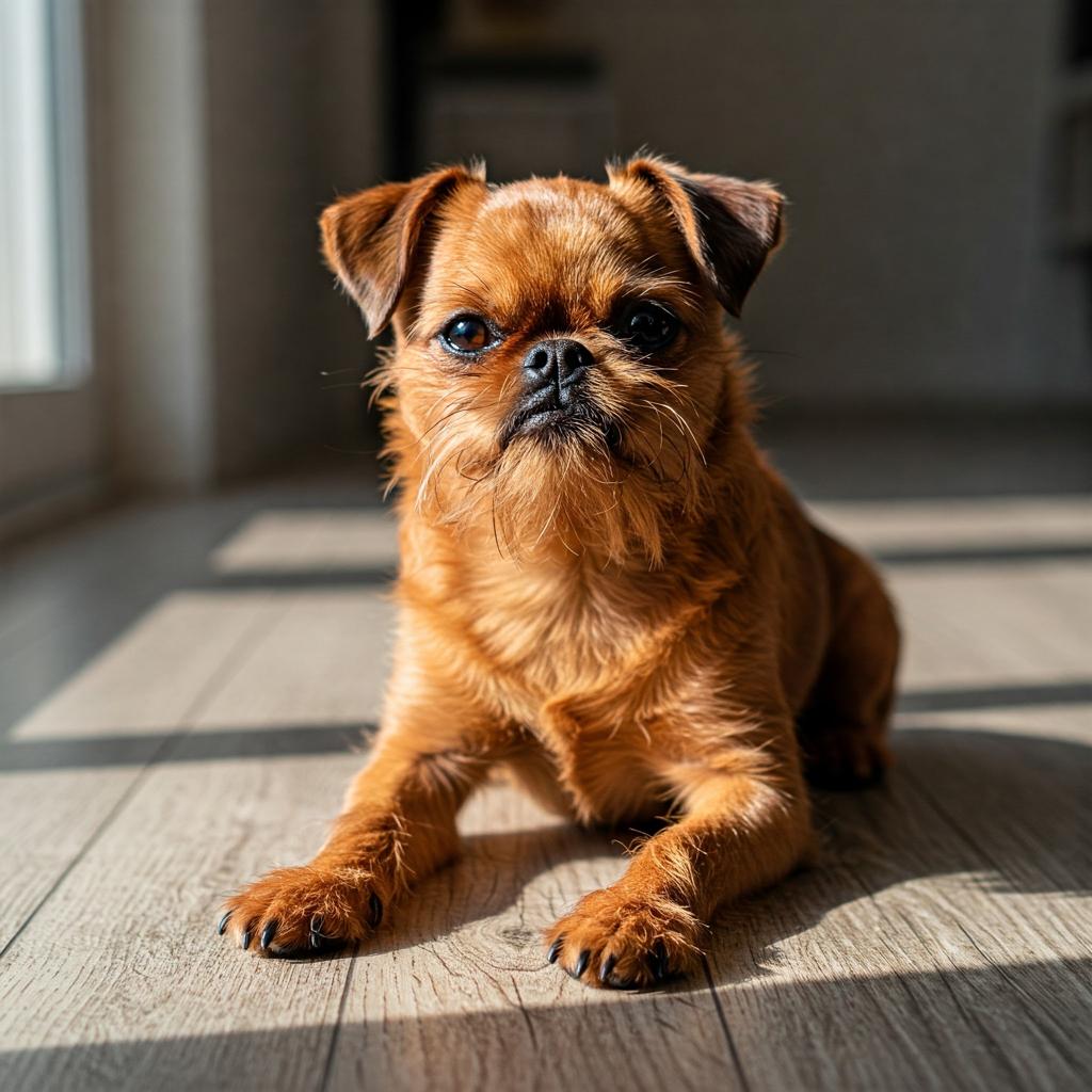 A small, tan Brussels Griffon is captured in a studio setting against a dark background, showcasing its unique facial features.