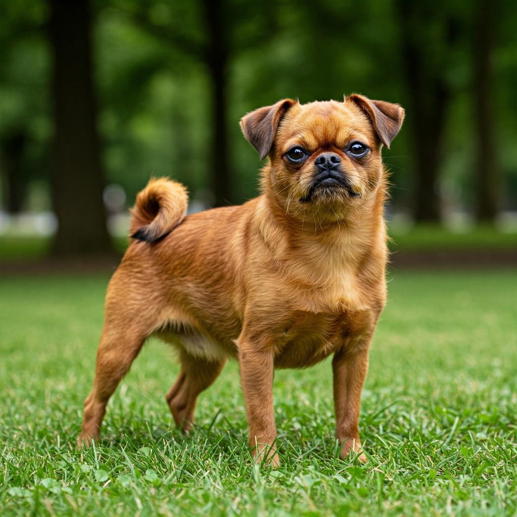 Lying comfortably, a Brussels Griffon with expressive eyes and a distinctive beard rests on a textured gray surface.