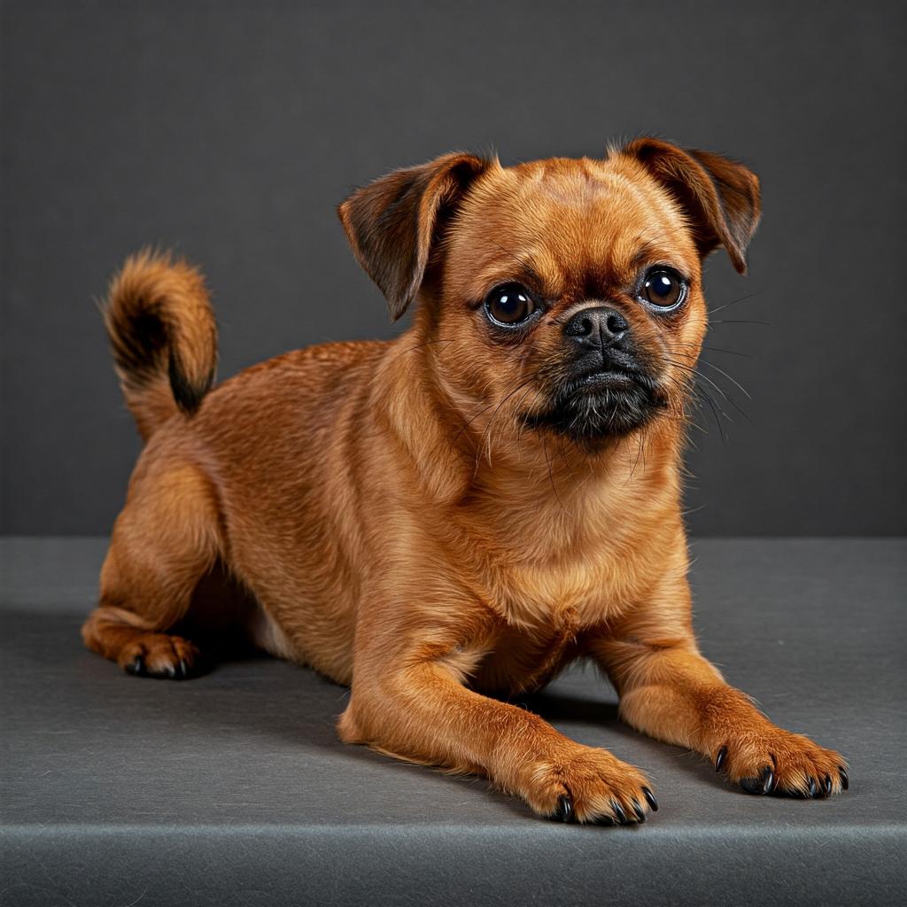 A portrait of a recumbent Brussels Griffon, its wiry fur and inquisitive gaze are prominent against a plain backdrop.