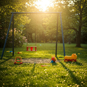 A nostalgic and heartwarming image capturing the essence of a joyful childhood, featuring a vibrant and serene outdoor scene with playful elements like a swing, colorful toys, and a sunny landscape. The focus is on a carefree and happy atmosphere, evoking a sense of innocence and fun, with no human figures or text present.