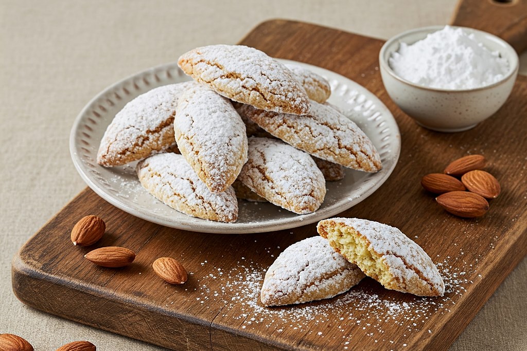 Siena's traditional Ricciarelli, almond cookies shaped into diamonds, dusted with powdered sugar, perfect for holiday celebrations.
