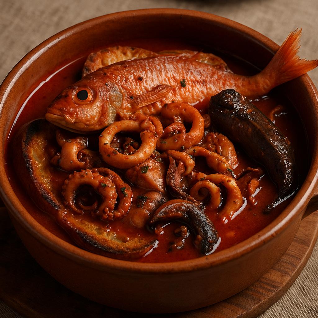 Hearty seafood stew on bread slices