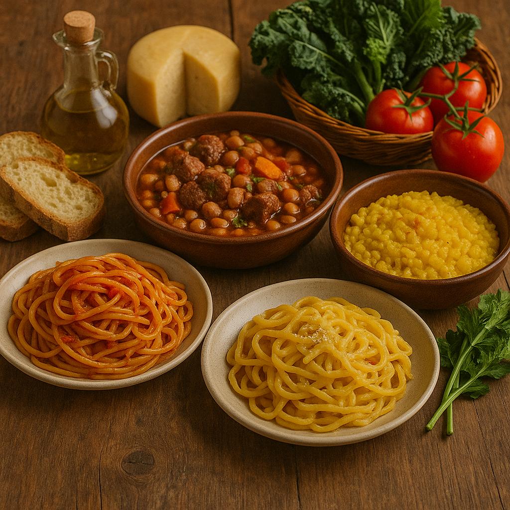 Traditional Abruzzo cuisine, featuring rustic pasta dishes, stews, and fresh local ingredients, showcasing the region's rich food culture.