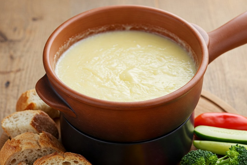 Traditional Aosta Valley fondue served with croutons, featuring creamy melted Fontina cheese and a rustic setting.