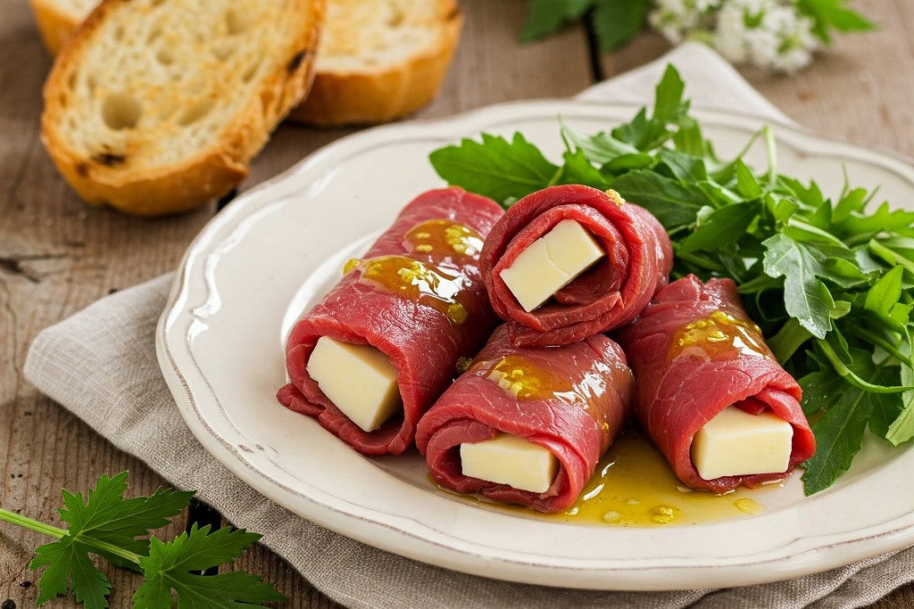 A plate of raw veal meat rolls filled with Fontina cheese and valerian salad, drizzled with a flavorful mustard and olive oil sauce.