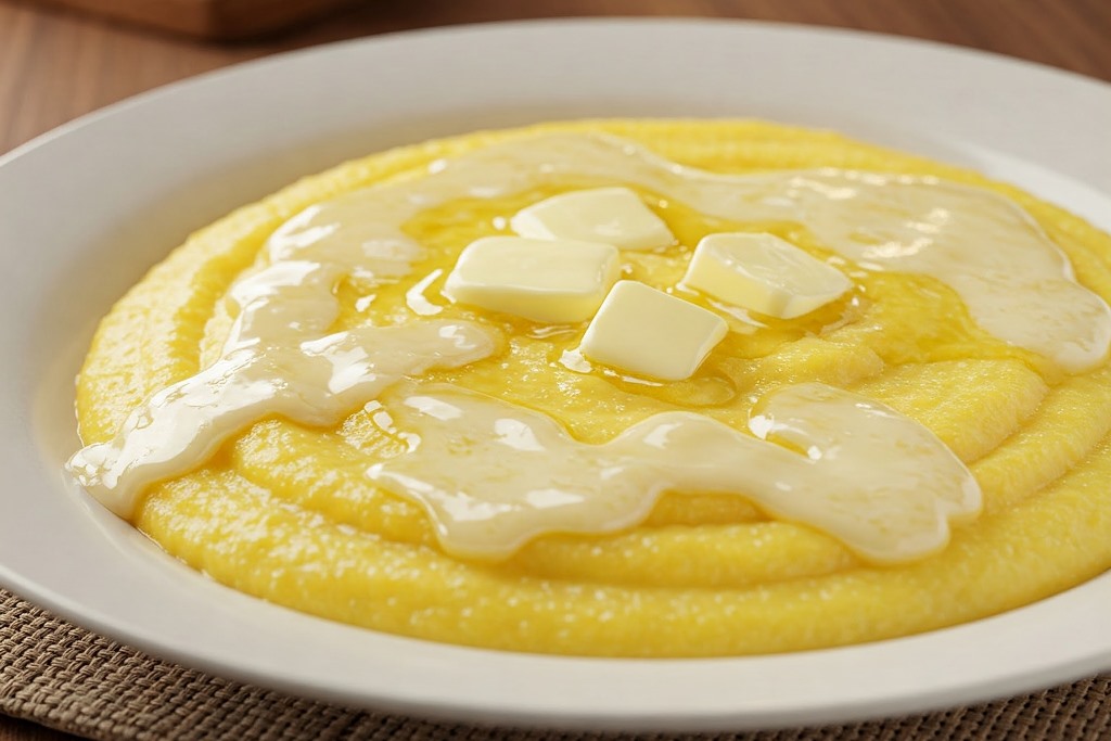 A plate of creamy polenta concia topped with melted Fontina cheese and butter, served hot and ready to enjoy.