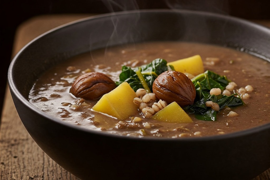 A bowl of rich and hearty chestnut soup with vegetables, barley, and chard, served hot, perfect for cold weather.
