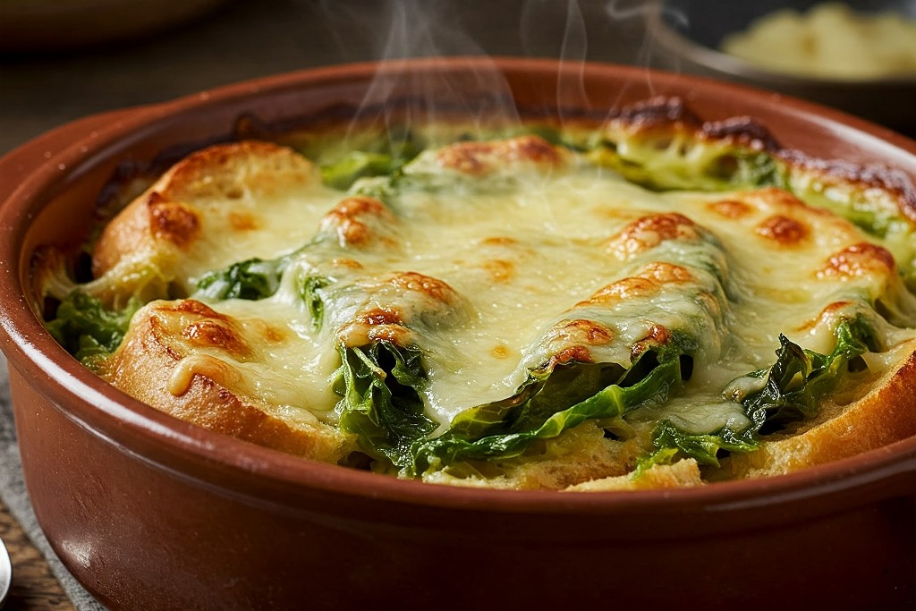 A delicious dish of Valpelline soup with layers of bread, Fontina cheese, Savoy cabbage, and rich meat stock, baked to perfection.