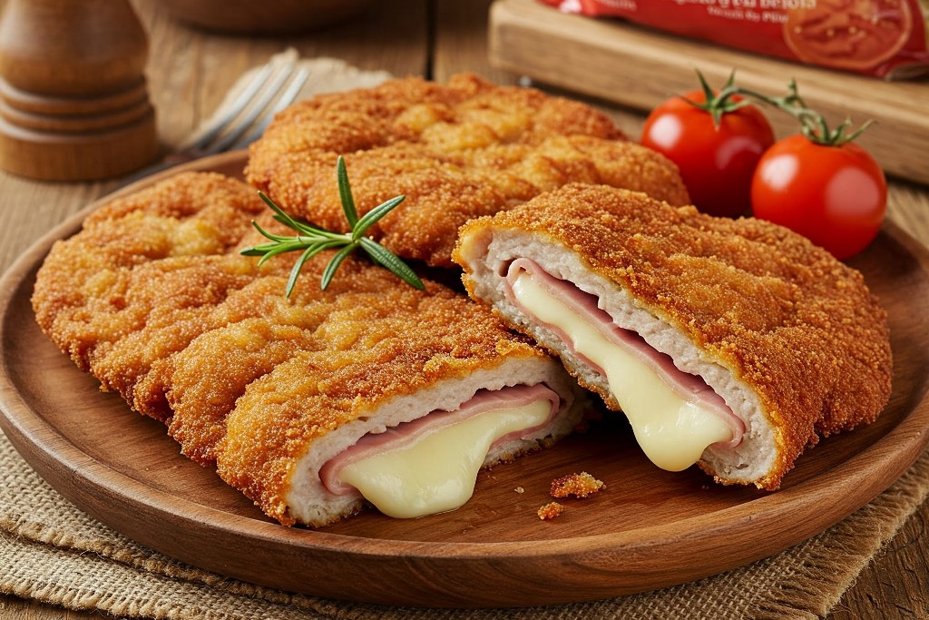 Golden and crispy Valdostana cutlets stuffed with Fontina cheese and cooked ham, served hot and ready to enjoy.