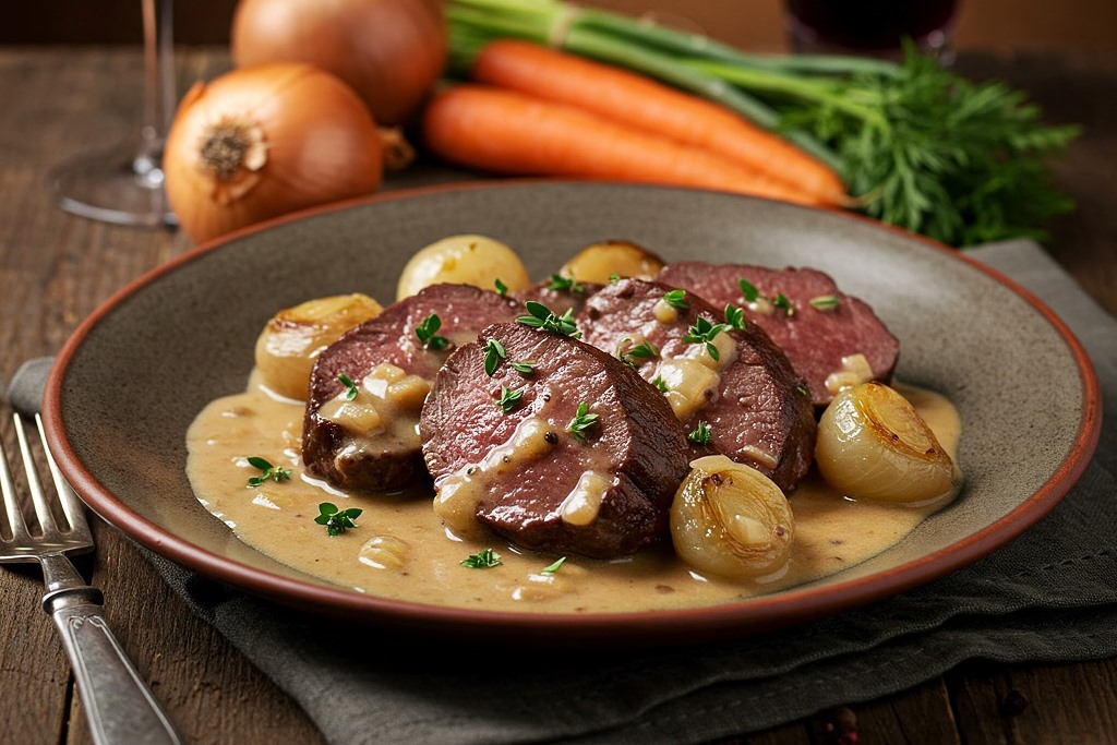 Delicious venison alla valdostana, slow-cooked in red wine and aromatic spices, topped with a creamy sauce.