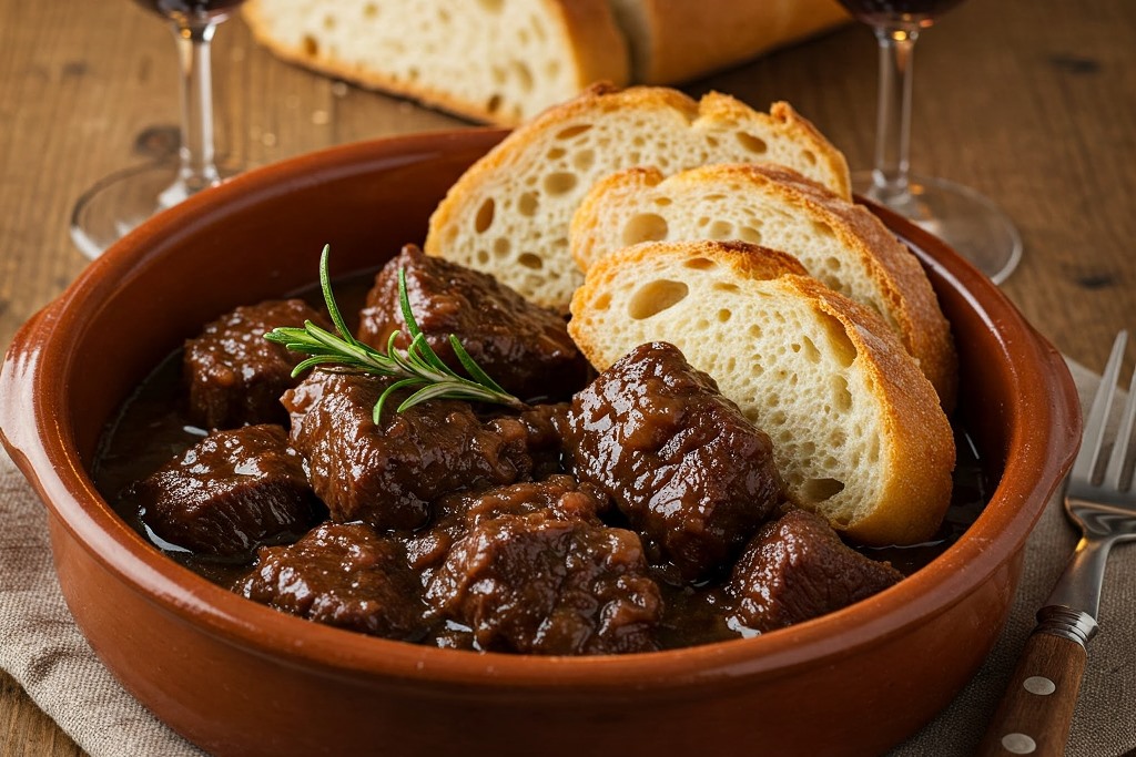 Traditional carbonada valdostana, a slow-cooked beef stew with red wine, aromatic herbs, and a rich, flavorful sauce.