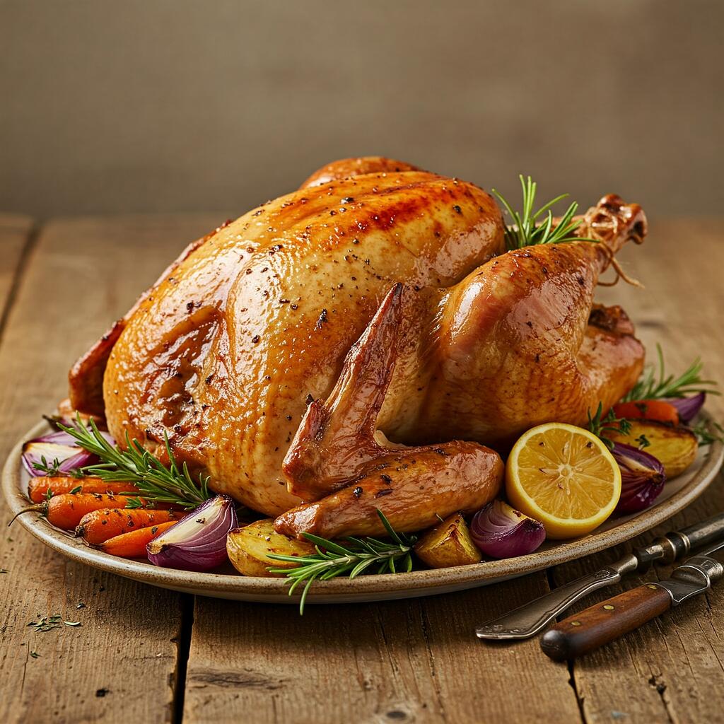 A beautifully roasted turkey on a rustic platter, golden-brown and crispy, garnished with fresh herbs and surrounded by roasted vegetables