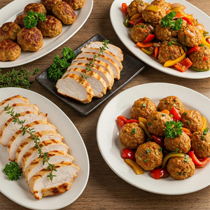 A variety of turkey recipes displayed on a rustic table, including grilled turkey breast, turkey meatballs, and turkey stir-fry with vegetables