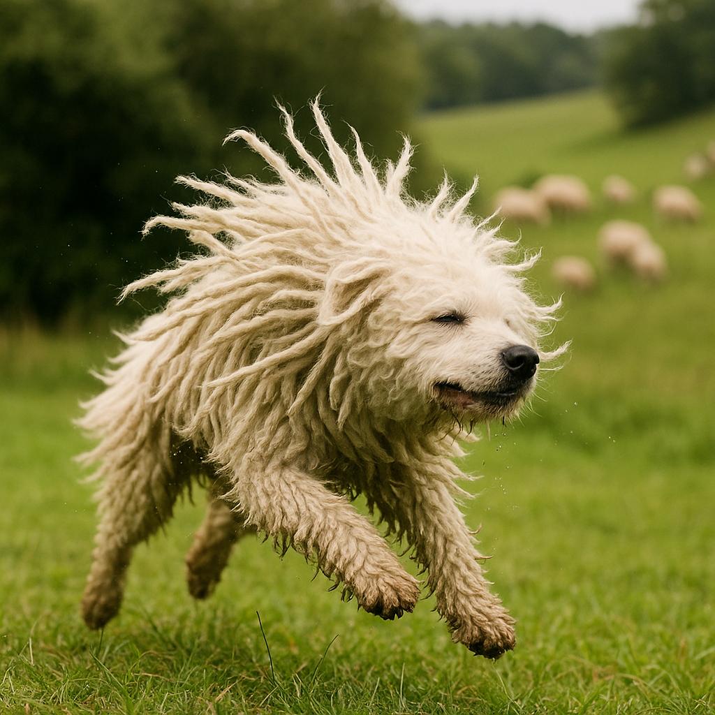 Komondor shaking off meadow breeze.
