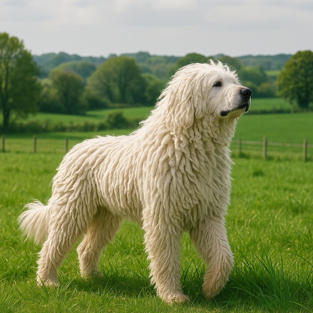 Komondor surveying peaceful green pasture