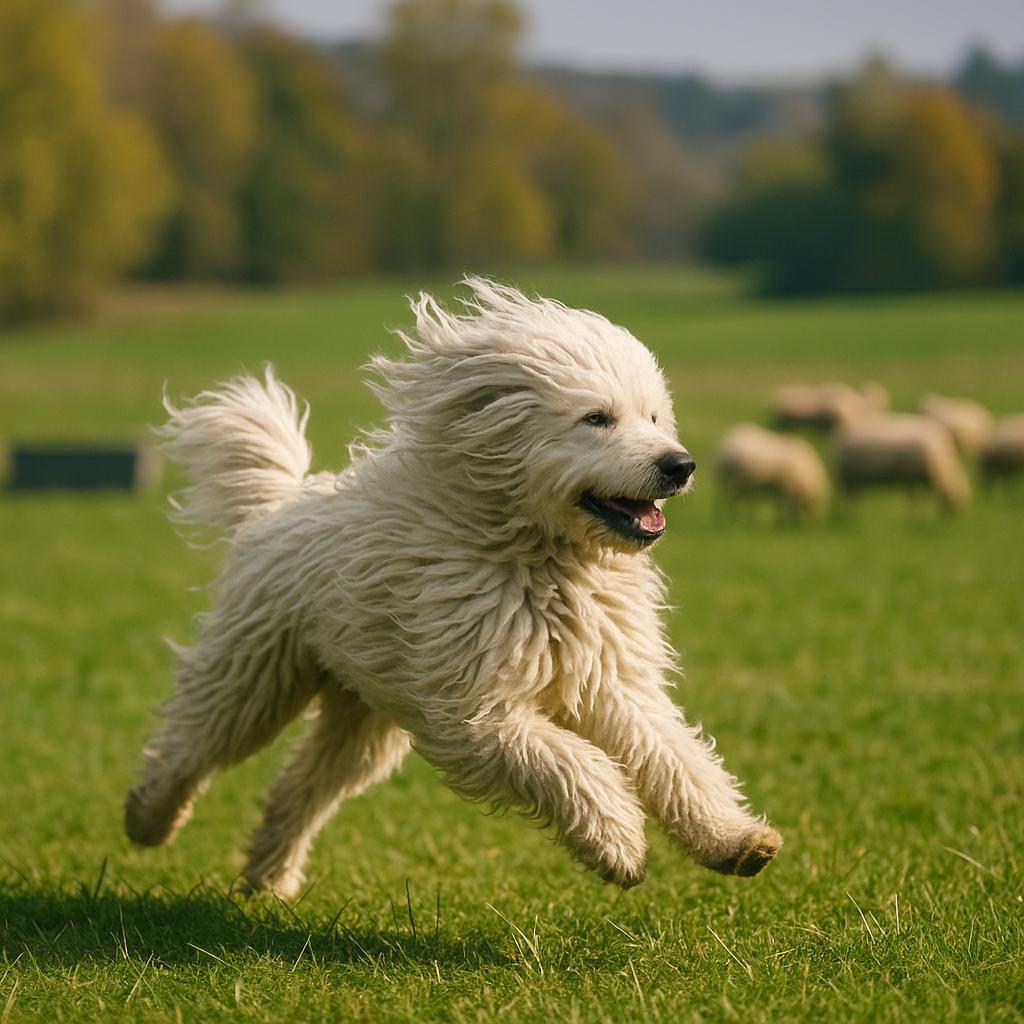 Komondor sprinting across grassy field