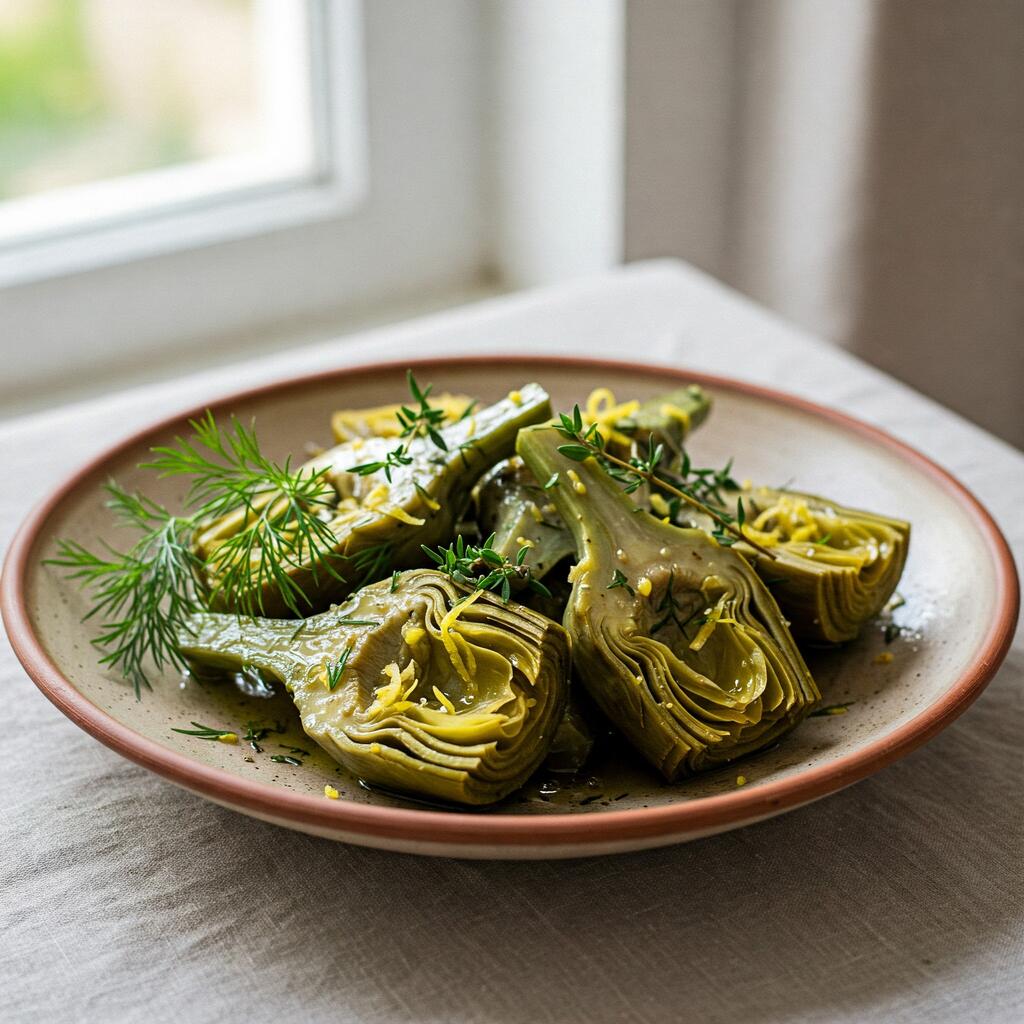 Greek-style artichokes with lemon, olive oil, and herbs, served on a rustic plate, garnished with fresh herbs
