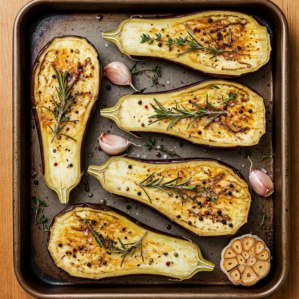 Oven-baked aubergines sliced in halves, seasoned with herbs and olive oil, served on a rustic tray with garlic cloves and fresh rosemary