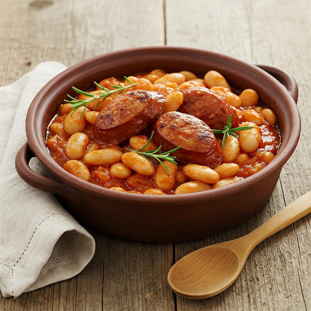 Hearty beans and sausages stew served in a rustic bowl, featuring tender legumes and sliced sausage in a rich tomato sauce, garnished with fresh herbs