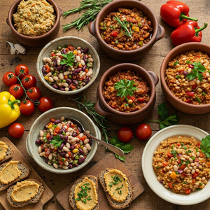 A variety of bean-based dishes displayed on a rustic wooden table, featuring colorful salads, stews, and spreads made with different types of beans, emphasizing healthy eating