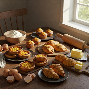 Freshly baked tarts, muffins, and croissants arranged on a rustic wooden table with natural lighting, surrounded by baking ingredients like flour, eggs, and butter