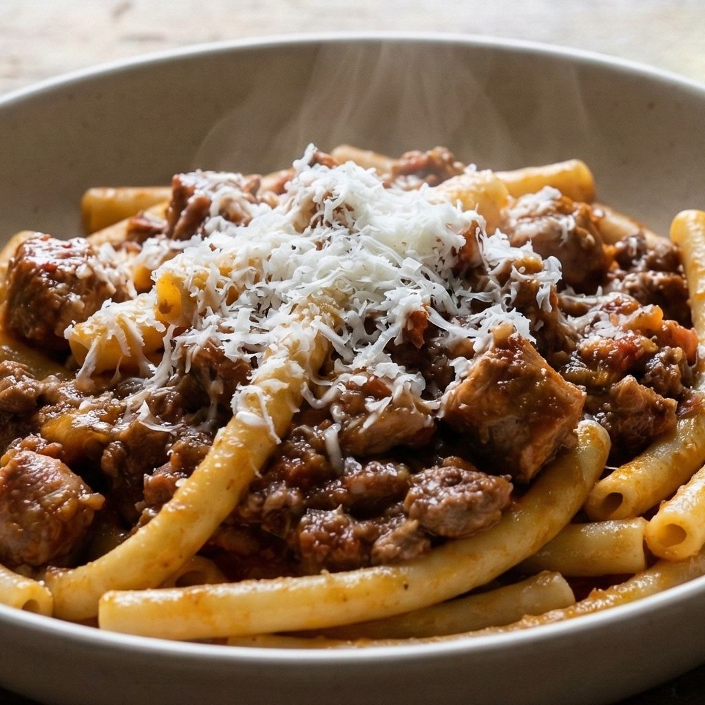 Steaming bowl of Calabrian Maccaruni col Ferretto pasta with meat ragu and salted ricotta.