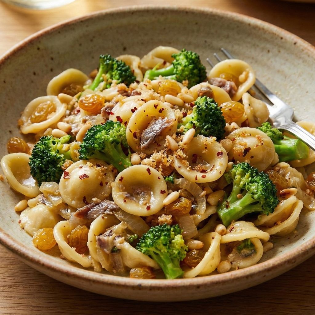 owl of Pasta e Broccoli Arriminati topped with toasted breadcrumbs.
