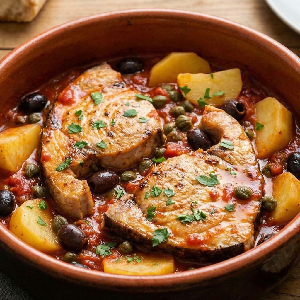 Ceramic dish of Swordfish alla Ghiotta with potatoes, olives, and capers in tomato sauce