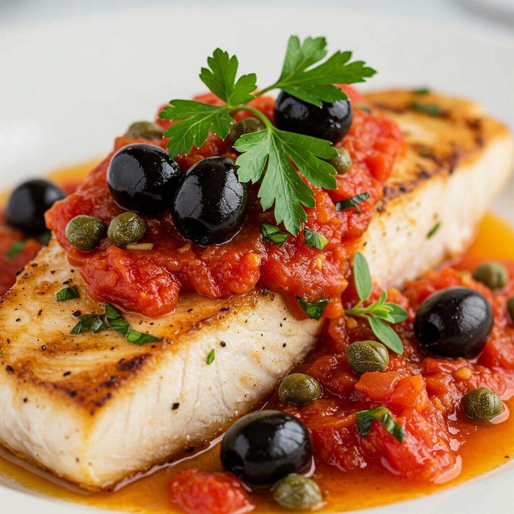 A beautifully plated swordfish Calabrian style, grilled to perfection and topped with a spicy tomato sauce, olives, and capers, garnished with fresh herbs