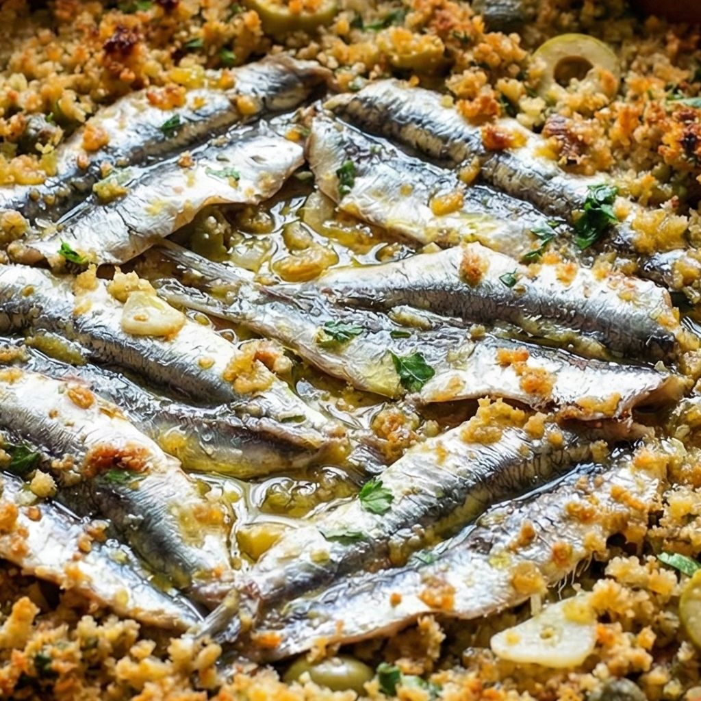 Terracotta dish of baked anchovies layered with breadcrumbs and olives.
