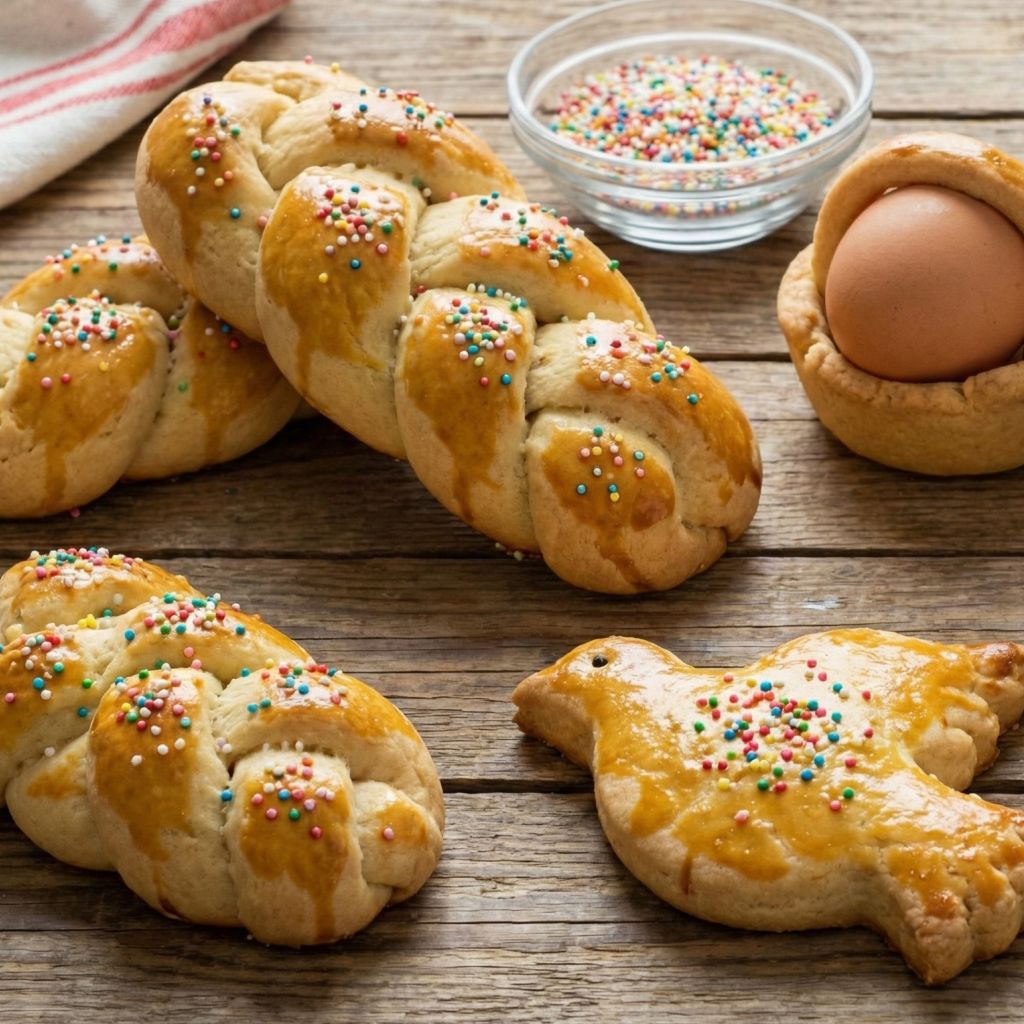 Traditional Calabrian Cudduraci Easter cookies with sprinkles and eggs.