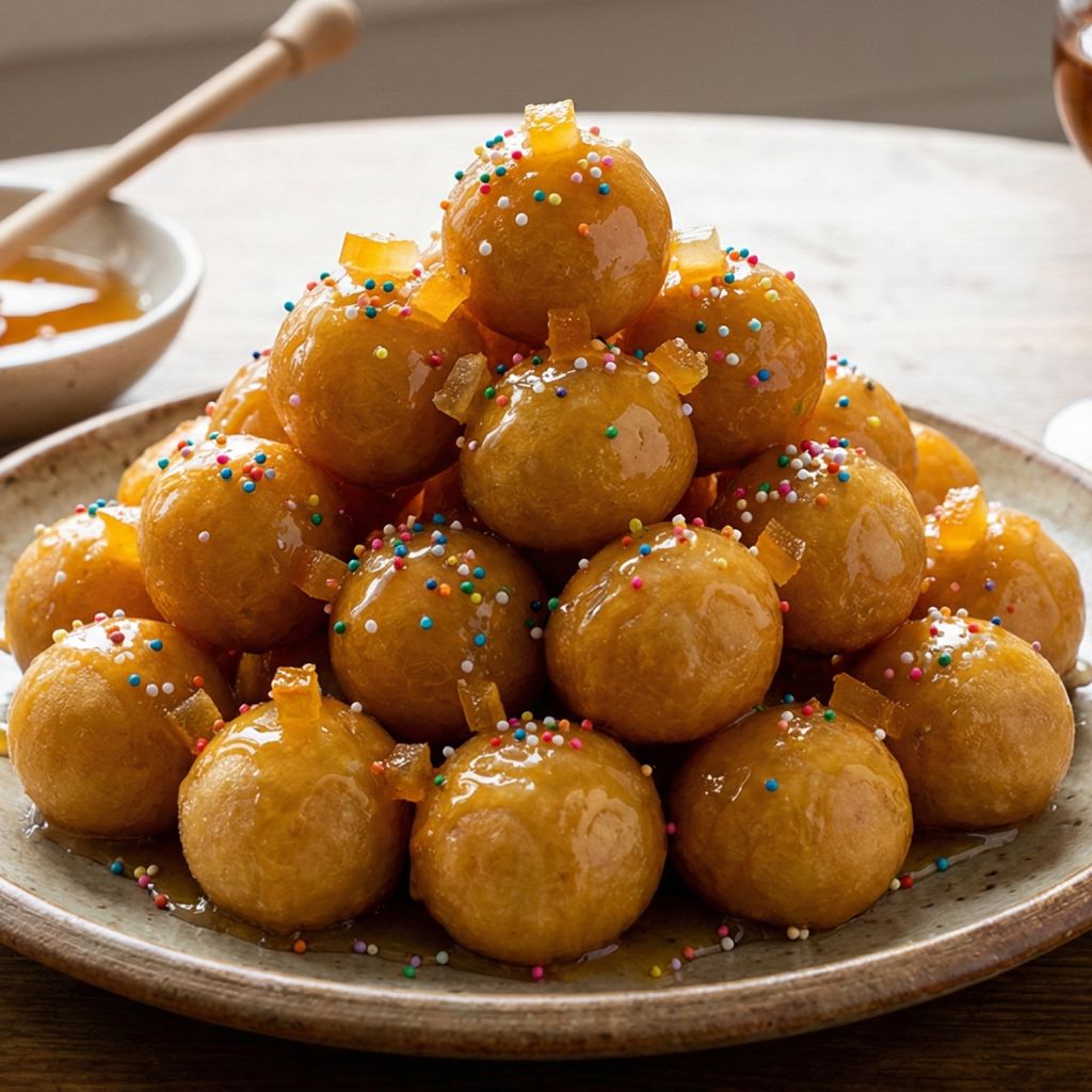 Mound of Calabrian Pignolata honey balls with sprinkles and candied peel.